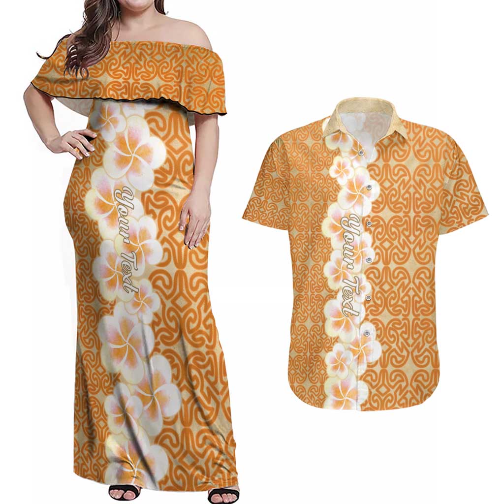 Personalised Tufi Tapa and Tattoo Festival Couples Matching Off Shoulder Maxi Dress and Hawaiian Shirt Oro Tapa Cloth With Plumeria - Polynesian Pride