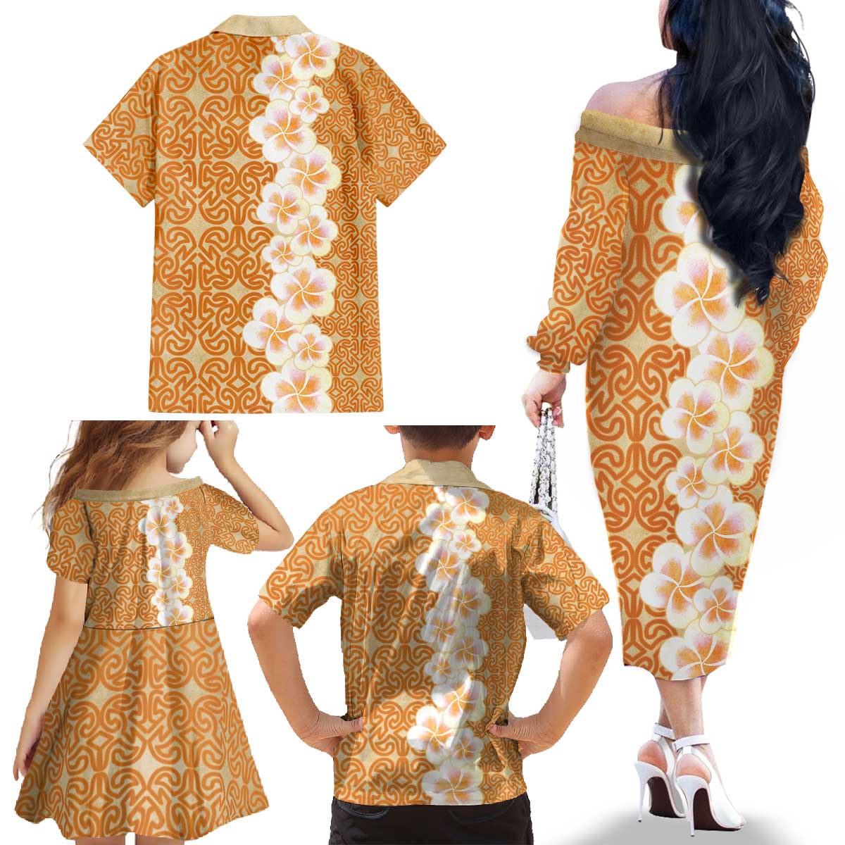Personalised Tufi Tapa and Tattoo Festival Family Matching Off The Shoulder Long Sleeve Dress and Hawaiian Shirt Oro Tapa Cloth With Plumeria - Polynesian Pride