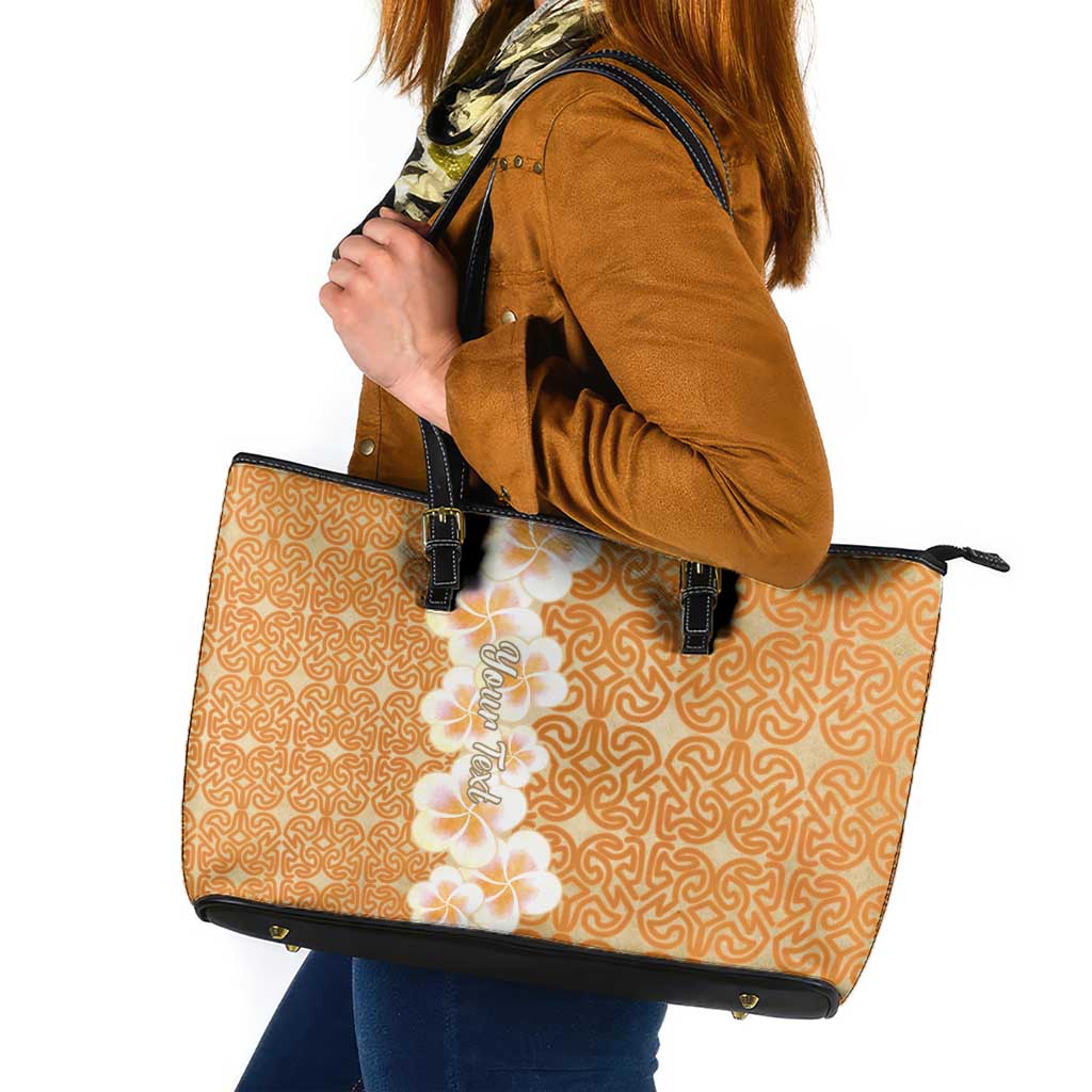 Personalised Tufi Tapa and Tattoo Festival Leather Tote Bag Oro Tapa Cloth With Plumeria - Polynesian Pride