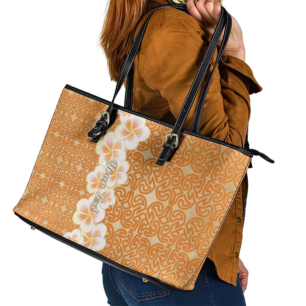 Personalised Tufi Tapa and Tattoo Festival Leather Tote Bag Oro Tapa Cloth With Plumeria - Polynesian Pride