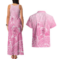 Personalised Polynesia Breast Cancer Awareness Couples Matching Tank Maxi Dress and Hawaiian Shirt No One Fights Alone Turtle Ribbon - Pink Version