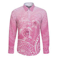 Personalised Polynesia Breast Cancer Awareness Family Matching Off The Shoulder Long Sleeve Dress and Hawaiian Shirt No One Fights Alone Turtle Ribbon - Pink Version