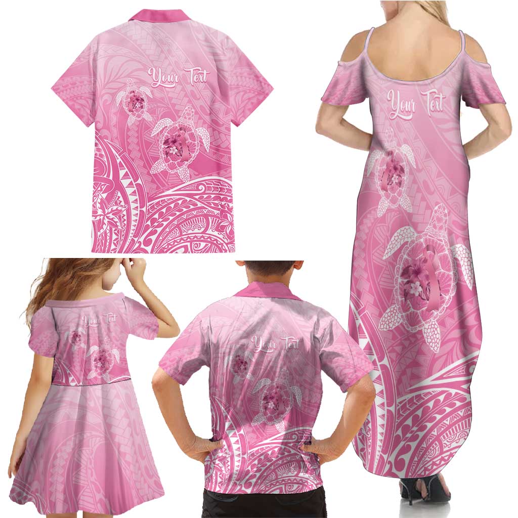 Personalised Polynesia Breast Cancer Awareness Family Matching Summer Maxi Dress and Hawaiian Shirt No One Fights Alone Turtle Ribbon - Pink Version
