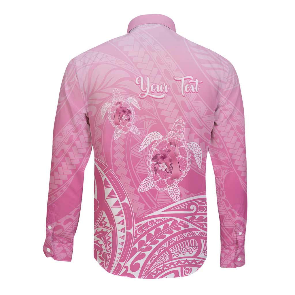 Personalised Polynesia Breast Cancer Awareness Long Sleeve Button Shirt No One Fights Alone Turtle Ribbon - Pink Version