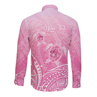 Personalised Polynesia Breast Cancer Awareness Long Sleeve Button Shirt No One Fights Alone Turtle Ribbon - Pink Version