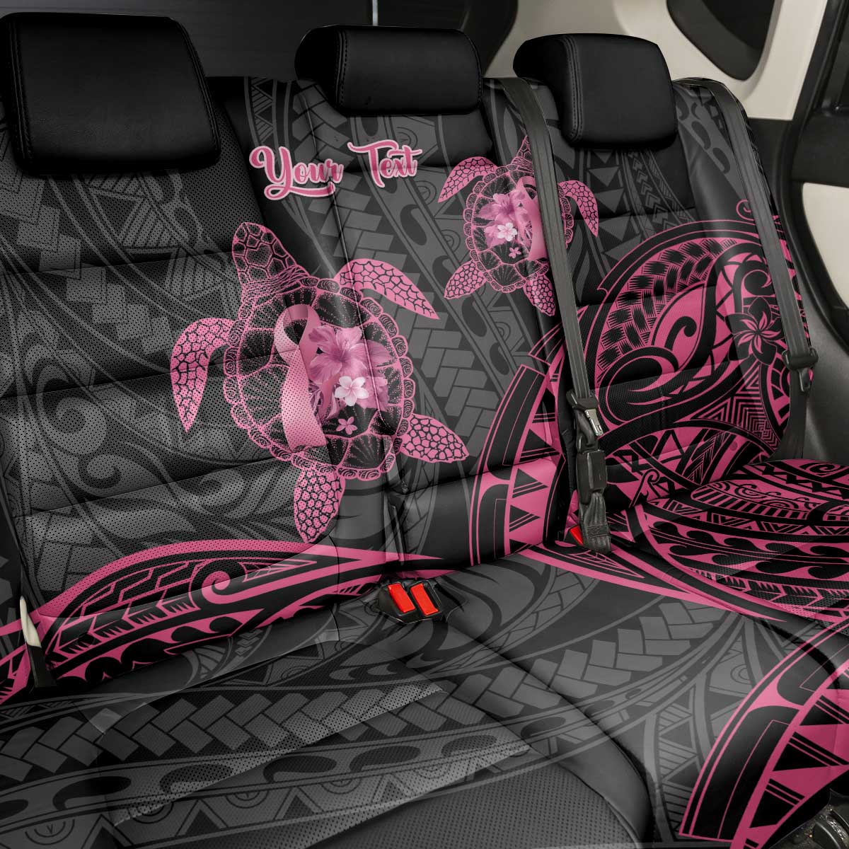 Personalised Polynesia Breast Cancer Awareness Back Car Seat Cover No One Fights Alone Turtle Ribbon - Black Version