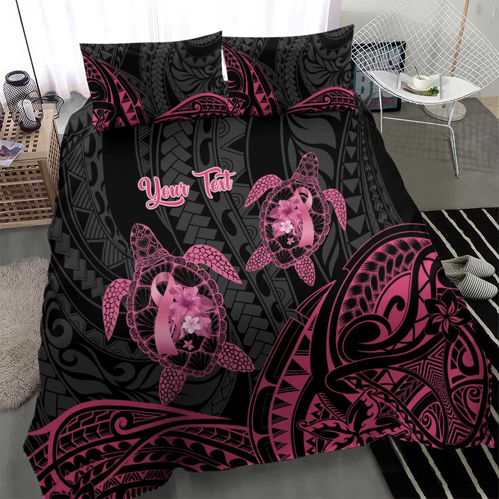 Personalised Polynesia Breast Cancer Awareness Bedding Set No One Fights Alone Turtle Ribbon - Black Version