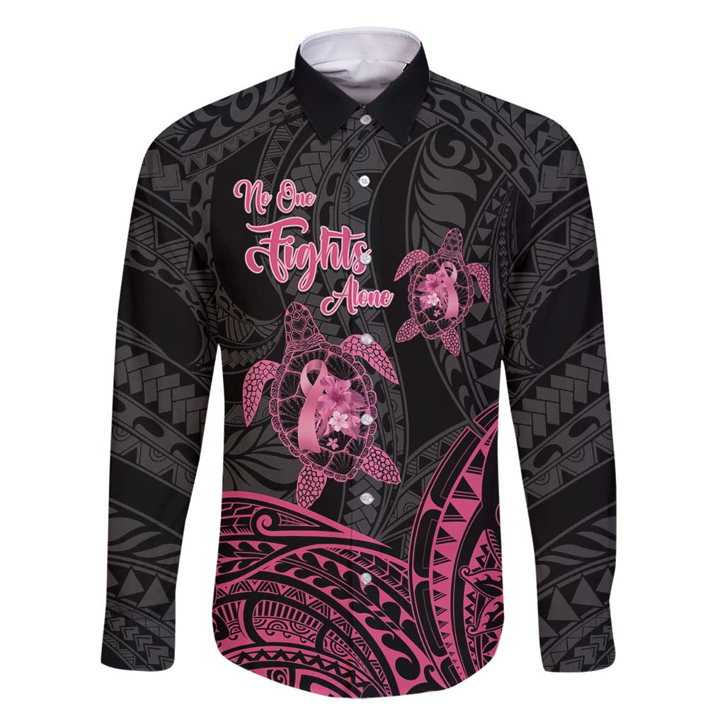 Personalised Polynesia Breast Cancer Awareness Family Matching Mermaid Dress and Hawaiian Shirt No One Fights Alone Turtle Ribbon - Black Version LT14 Dad's Shirt - Long Sleeve Black - Polynesian Pride