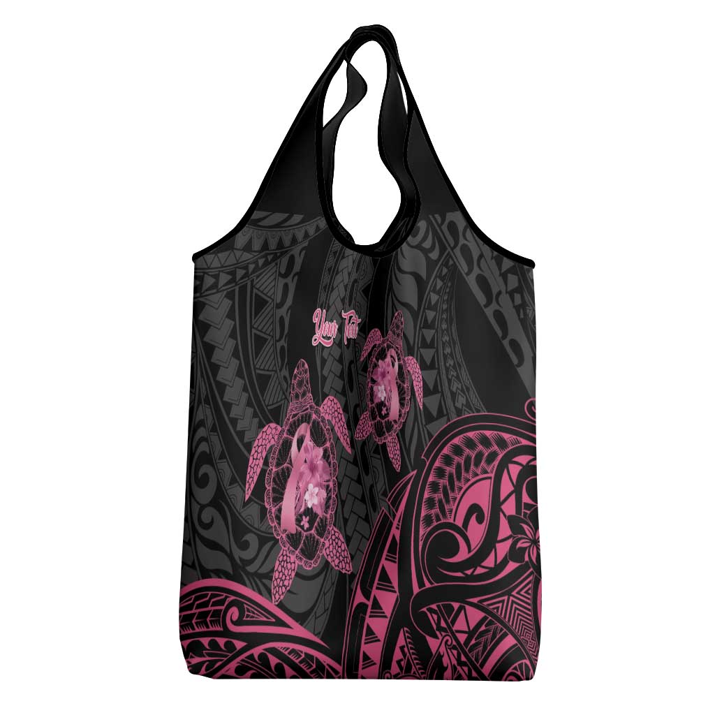 Personalised Polynesia Breast Cancer Awareness Grocery Bag No One Fights Alone Turtle Ribbon - Black Version