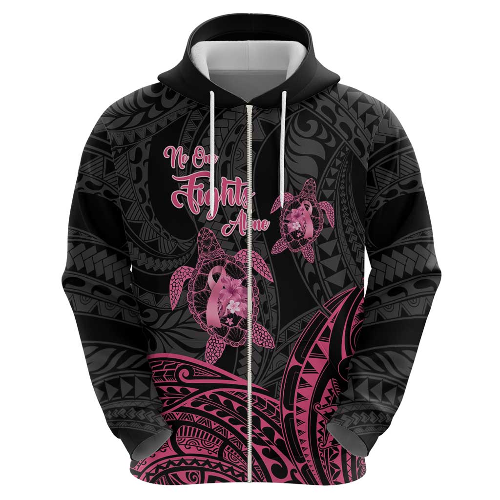 Personalised Polynesia Breast Cancer Awareness Zip Hoodie No One Fights Alone Turtle Ribbon - Black Version