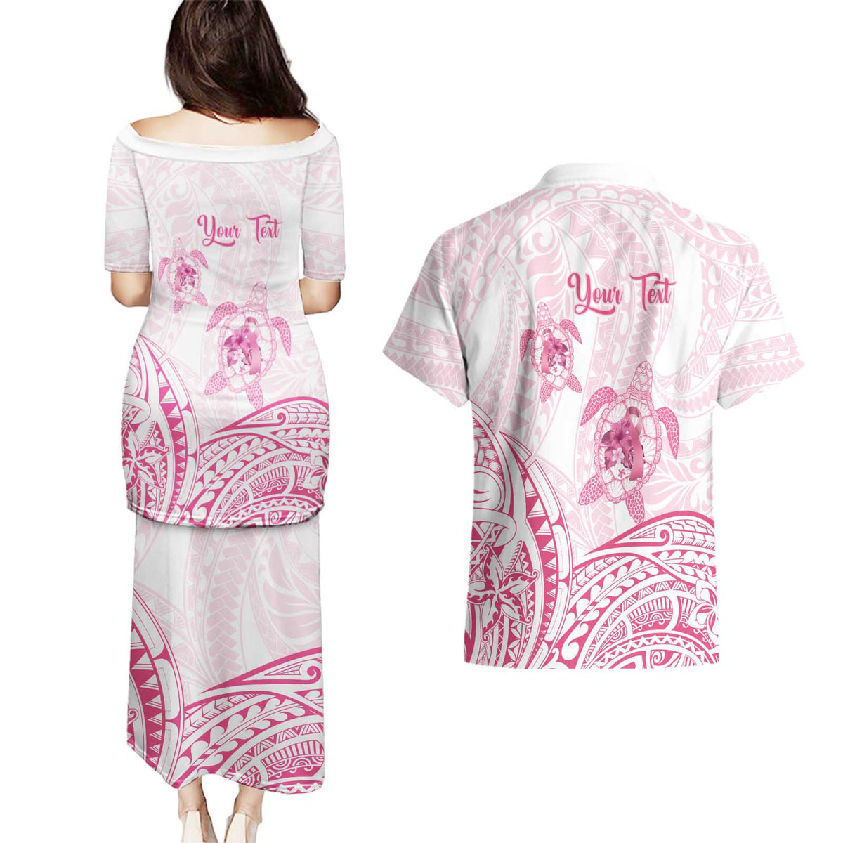 Personalised Polynesia Breast Cancer Awareness Couples Matching Puletasi and Hawaiian Shirt No One Fights Alone Turtle Ribbon - White Version