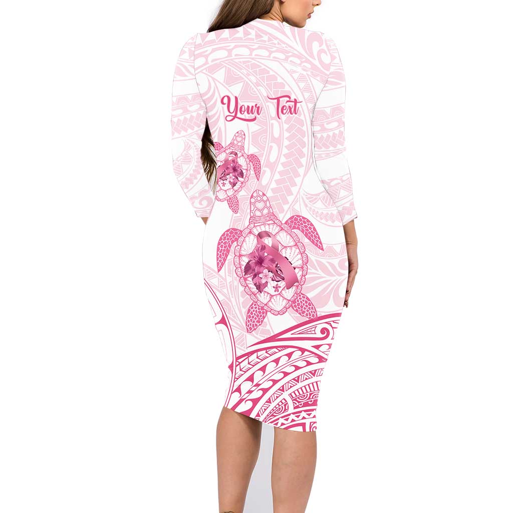 Personalised Polynesia Breast Cancer Awareness Family Matching Long Sleeve Bodycon Dress and Hawaiian Shirt No One Fights Alone Turtle Ribbon - White Version