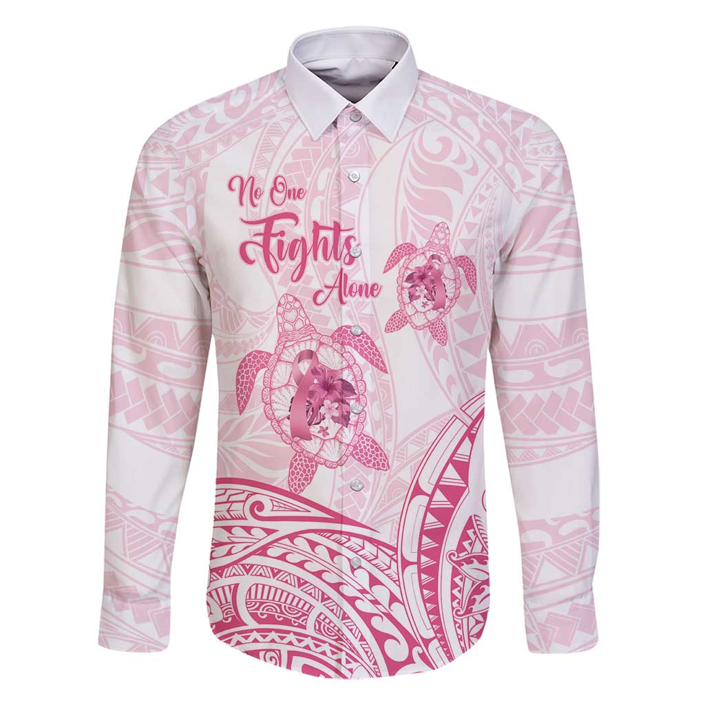 Personalised Polynesia Breast Cancer Awareness Family Matching Mermaid Dress and Hawaiian Shirt No One Fights Alone Turtle Ribbon - White Version LT14 Dad's Shirt - Long Sleeve White - Polynesian Pride