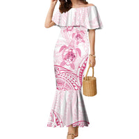 Personalised Polynesia Breast Cancer Awareness Family Matching Mermaid Dress and Hawaiian Shirt No One Fights Alone Turtle Ribbon - White Version LT14 Mom's Dress White - Polynesian Pride