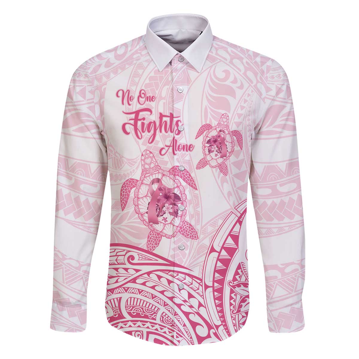 Personalised Polynesia Breast Cancer Awareness Family Matching Off The Shoulder Long Sleeve Dress and Hawaiian Shirt No One Fights Alone Turtle Ribbon - White Version