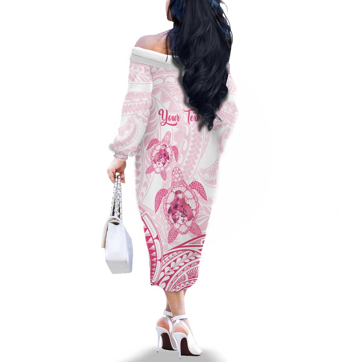 Personalised Polynesia Breast Cancer Awareness Family Matching Off The Shoulder Long Sleeve Dress and Hawaiian Shirt No One Fights Alone Turtle Ribbon - White Version