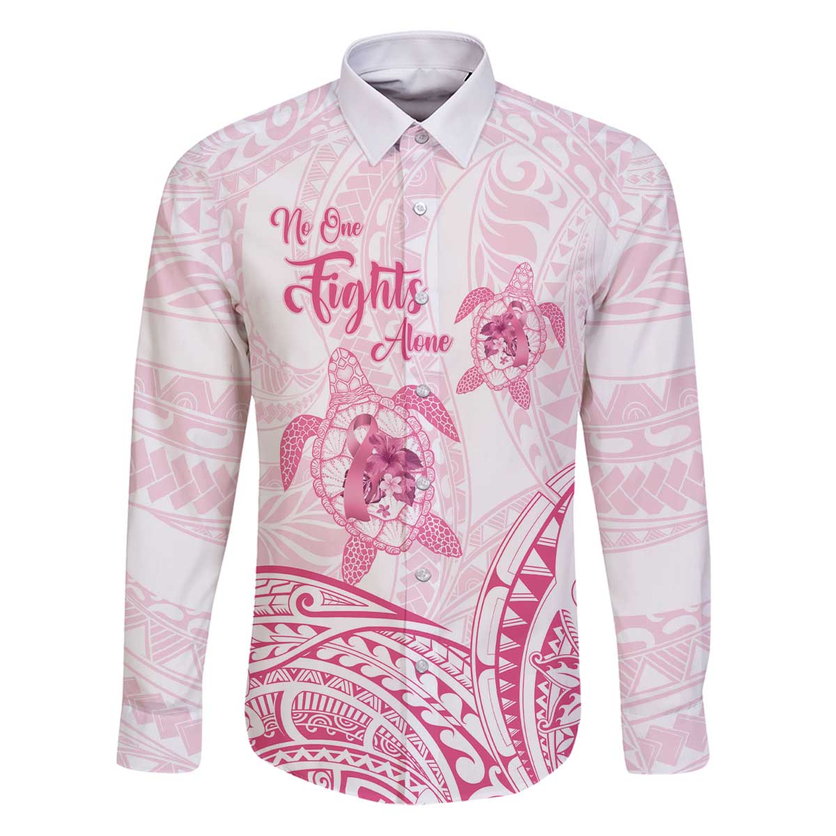 Personalised Polynesia Breast Cancer Awareness Family Matching Puletasi and Hawaiian Shirt No One Fights Alone Turtle Ribbon - White Version