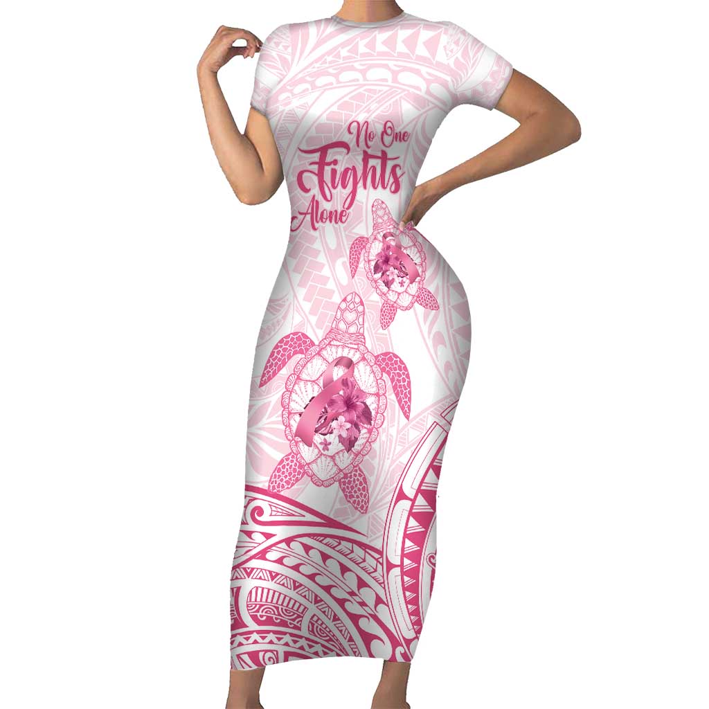 Personalised Polynesia Breast Cancer Awareness Family Matching Short Sleeve Bodycon Dress and Hawaiian Shirt No One Fights Alone Turtle Ribbon - White Version