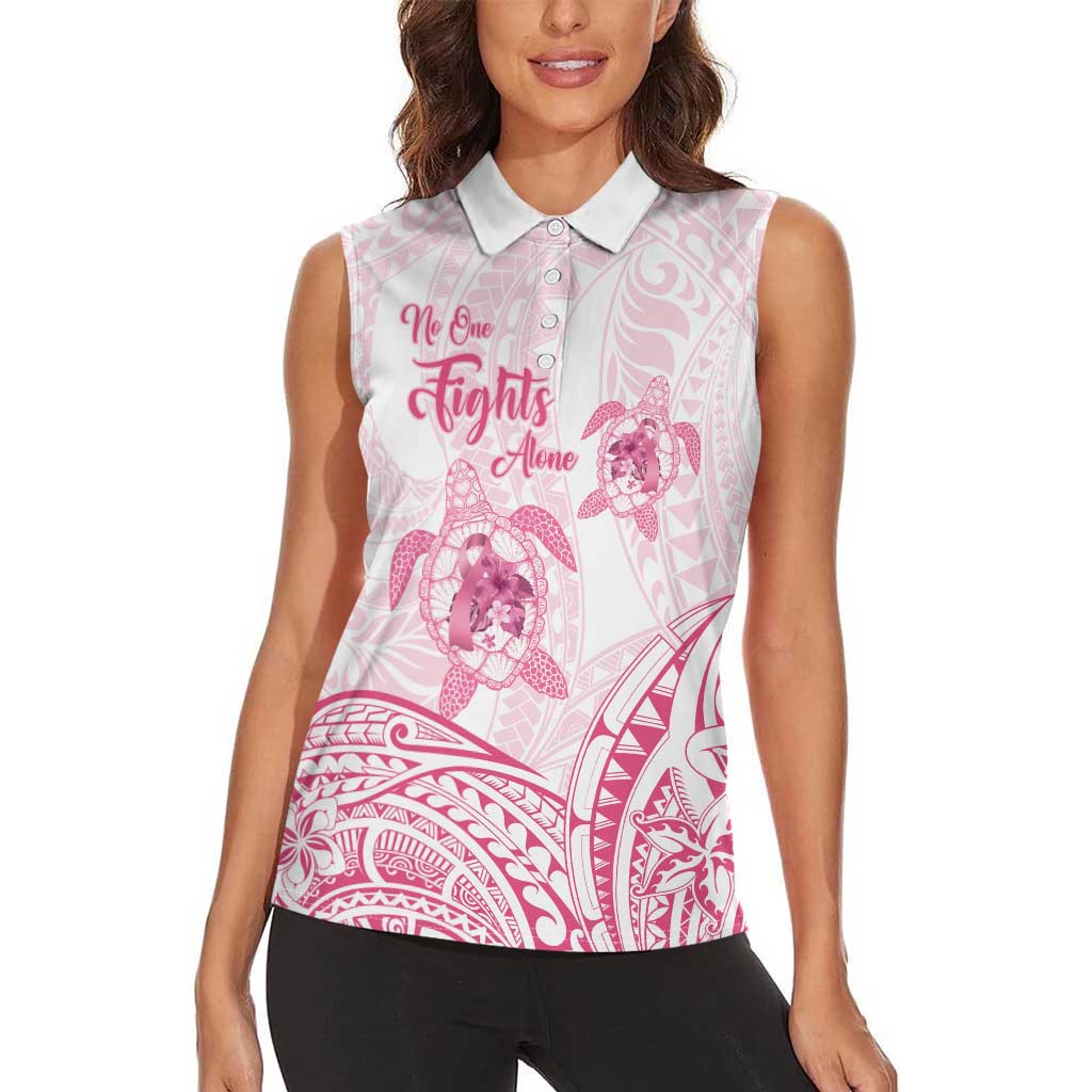 Personalised Polynesia Breast Cancer Awareness Women Sleeveless Polo Shirt No One Fights Alone Turtle Ribbon - White Version