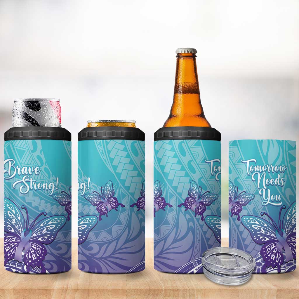 Polynesia Suicide Prevention Month 4 in 1 Can Cooler Tumbler Butterfly Purple And Teal Ribbon Tomorrow Needs You