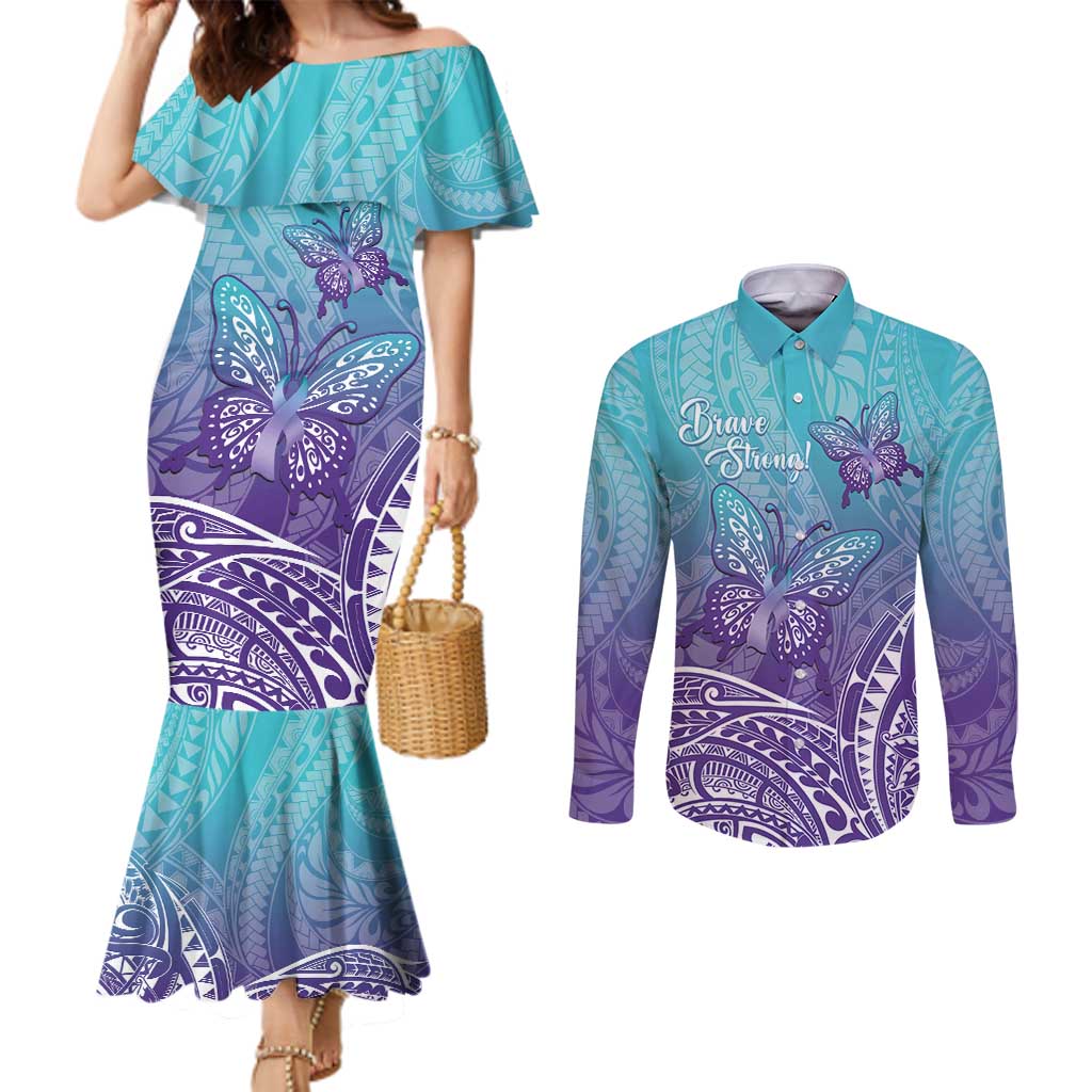 Polynesia Suicide Prevention Month Couples Matching Mermaid Dress and Long Sleeve Button Shirt Butterfly Purple And Teal Ribbon Tomorrow Needs You LT14 Teal - Polynesian Pride