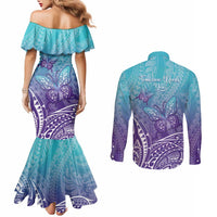 Polynesia Suicide Prevention Month Couples Matching Mermaid Dress and Long Sleeve Button Shirt Butterfly Purple And Teal Ribbon Tomorrow Needs You