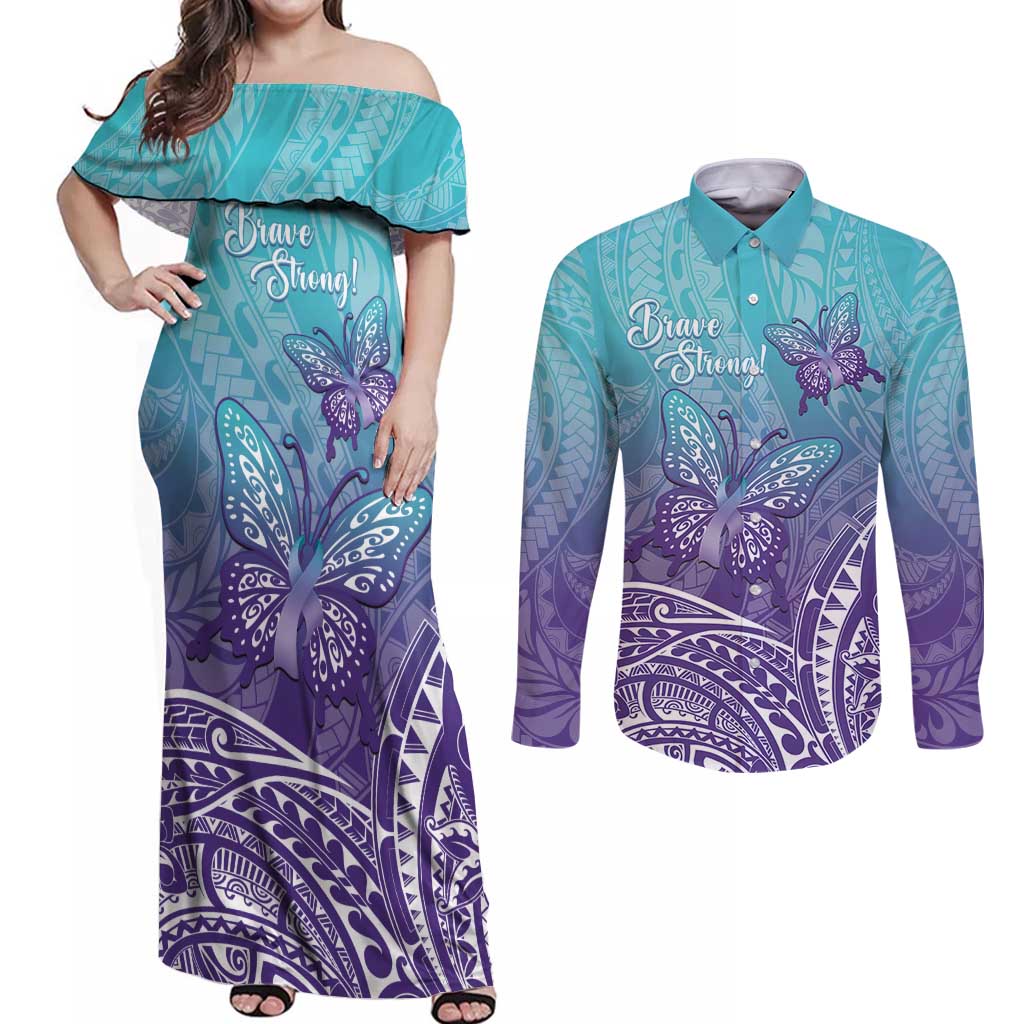 Polynesia Suicide Prevention Month Couples Matching Off Shoulder Maxi Dress and Long Sleeve Button Shirt Butterfly Purple And Teal Ribbon Tomorrow Needs You LT14 Teal - Polynesian Pride