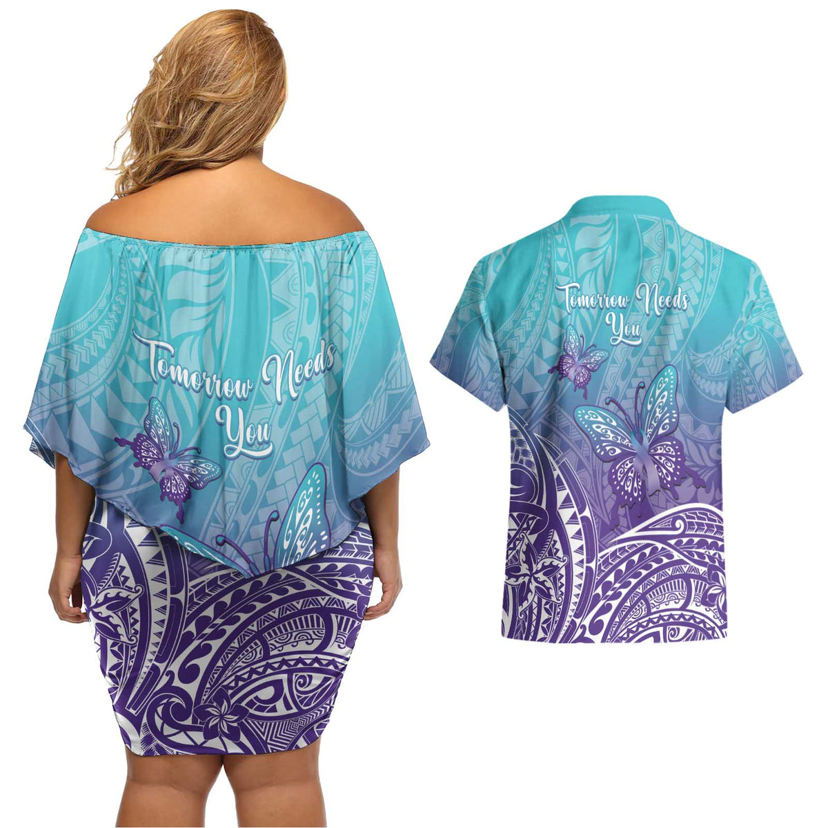 Polynesia Suicide Prevention Month Couples Matching Off Shoulder Short Dress and Hawaiian Shirt Butterfly Purple And Teal Ribbon Tomorrow Needs You