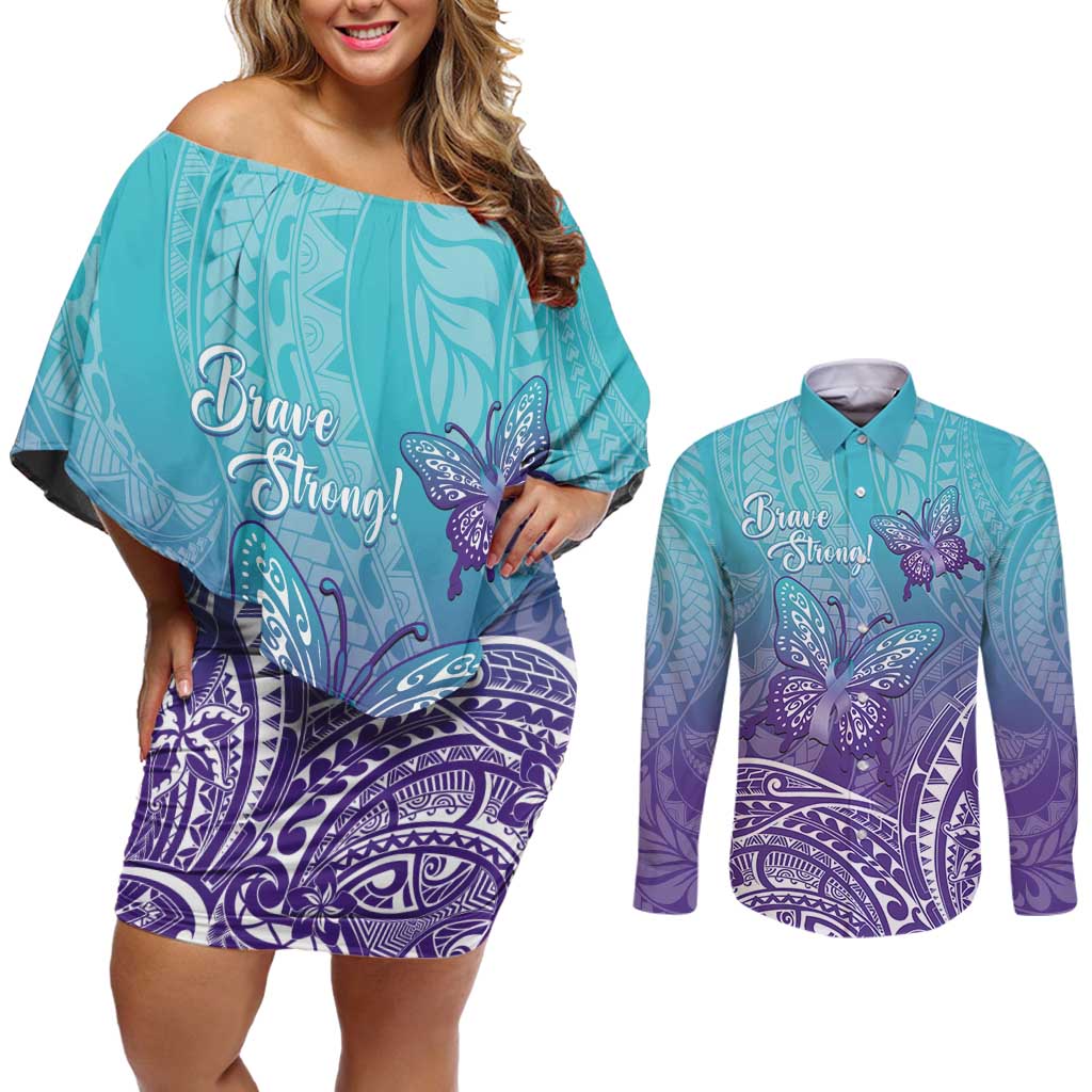 Polynesia Suicide Prevention Month Couples Matching Off Shoulder Short Dress and Long Sleeve Button Shirt Butterfly Purple And Teal Ribbon Tomorrow Needs You LT14 Teal - Polynesian Pride