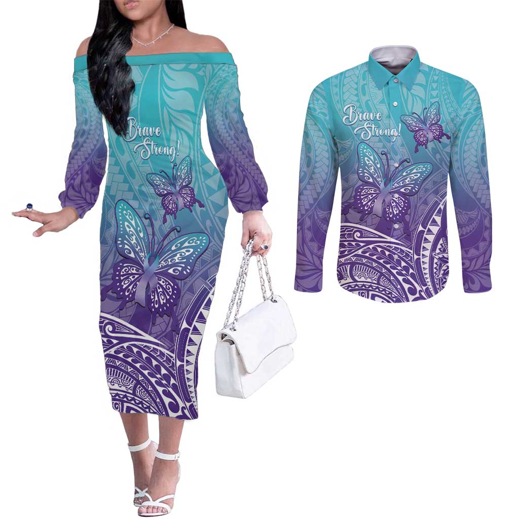 Polynesia Suicide Prevention Month Couples Matching Off The Shoulder Long Sleeve Dress and Long Sleeve Button Shirt Butterfly Purple And Teal Ribbon Tomorrow Needs You LT14 Teal - Polynesian Pride
