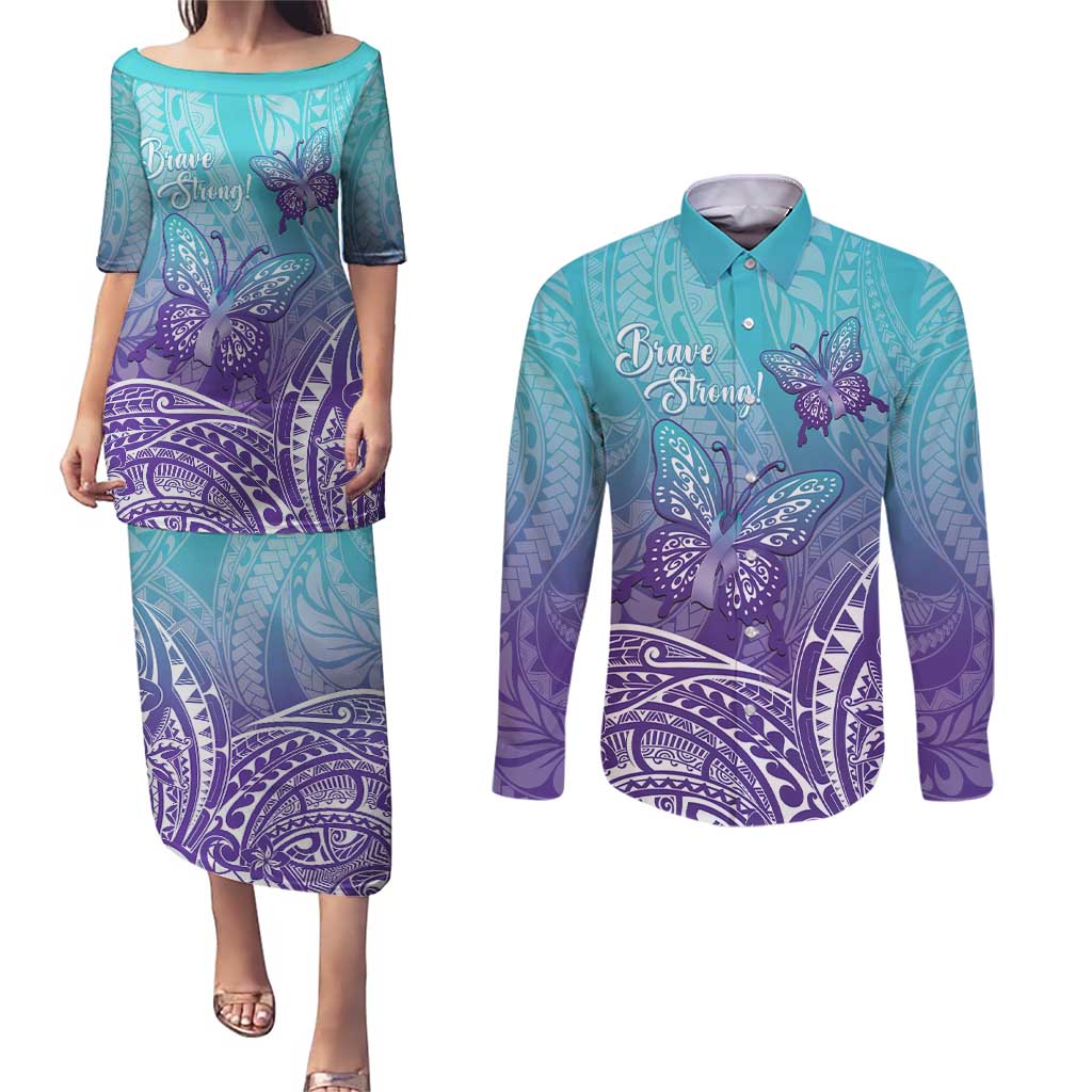 Polynesia Suicide Prevention Month Couples Matching Puletasi and Long Sleeve Button Shirt Butterfly Purple And Teal Ribbon Tomorrow Needs You LT14 Teal - Polynesian Pride