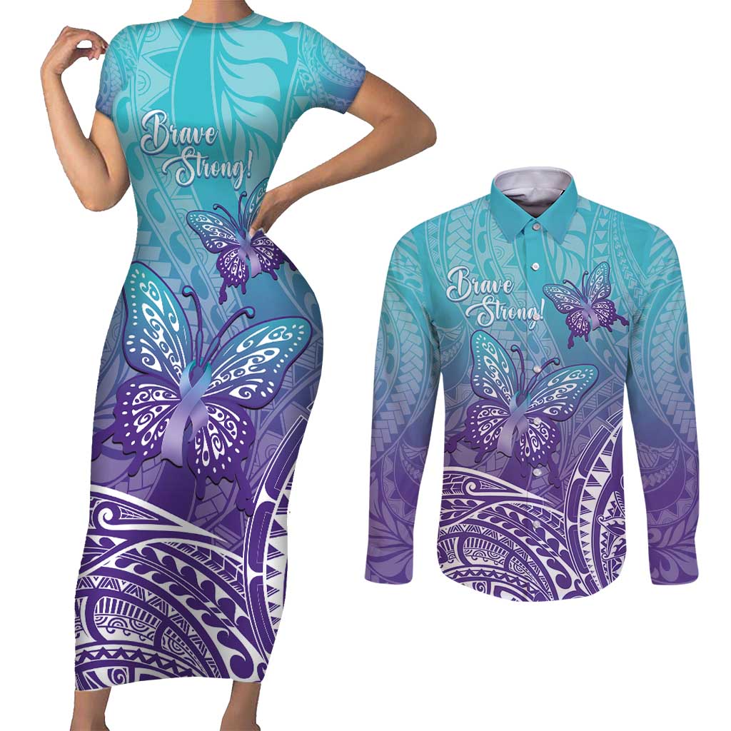Polynesia Suicide Prevention Month Couples Matching Short Sleeve Bodycon Dress and Long Sleeve Button Shirt Butterfly Purple And Teal Ribbon Tomorrow Needs You LT14 Teal - Polynesian Pride