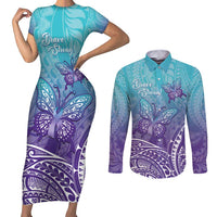 Polynesia Suicide Prevention Month Couples Matching Short Sleeve Bodycon Dress and Long Sleeve Button Shirt Butterfly Purple And Teal Ribbon Tomorrow Needs You