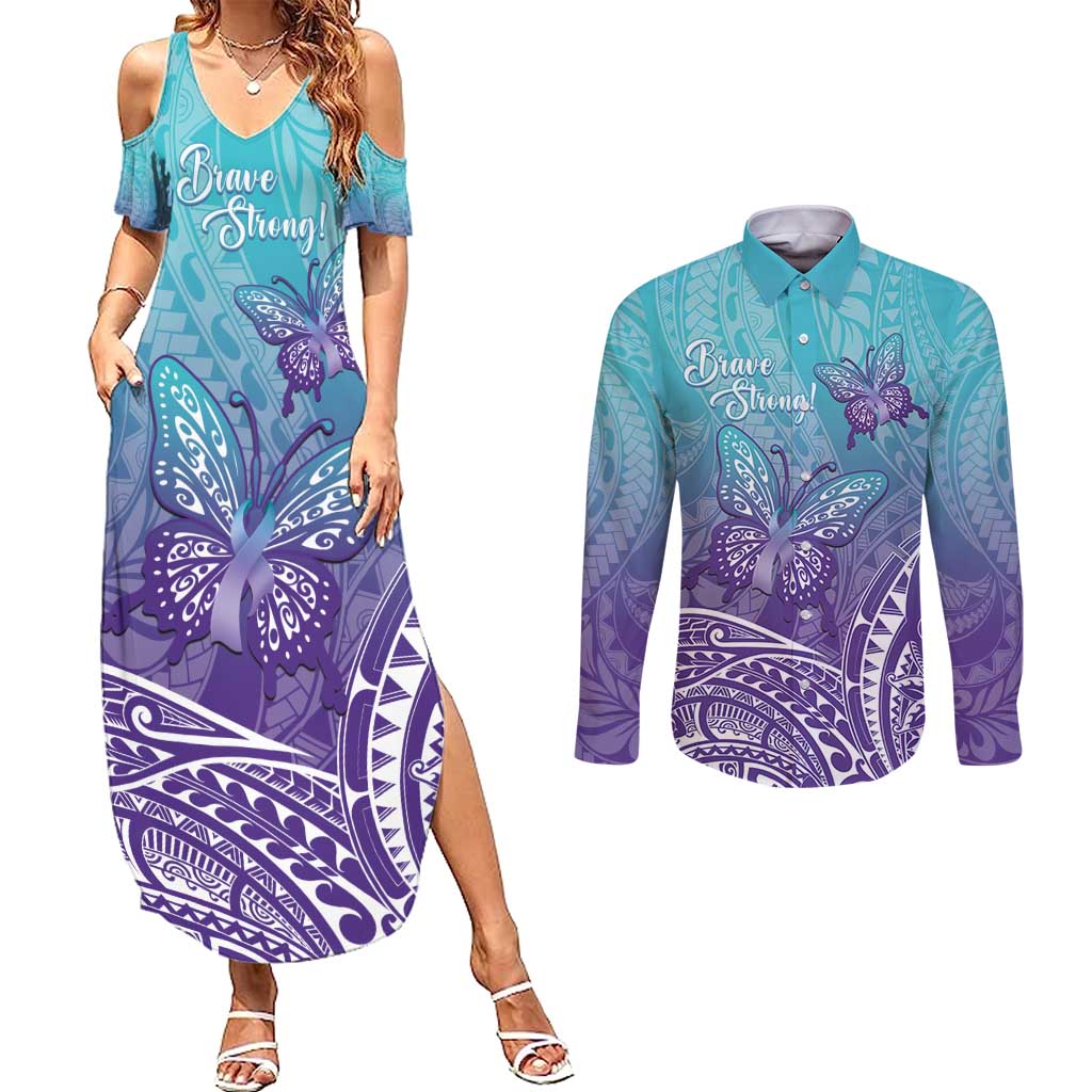 Polynesia Suicide Prevention Month Couples Matching Summer Maxi Dress and Long Sleeve Button Shirt Butterfly Purple And Teal Ribbon Tomorrow Needs You LT14 Teal - Polynesian Pride
