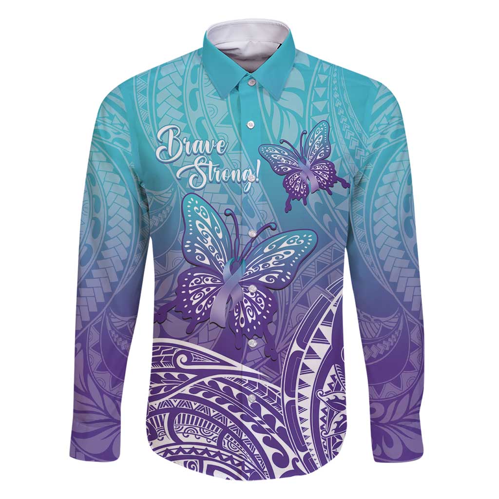 Polynesia Suicide Prevention Month Family Matching Mermaid Dress and Hawaiian Shirt Butterfly Purple And Teal Ribbon Tomorrow Needs You LT14 Dad's Shirt - Long Sleeve Teal - Polynesian Pride