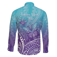 Polynesia Suicide Prevention Month Family Matching Off The Shoulder Long Sleeve Dress and Hawaiian Shirt Butterfly Purple And Teal Ribbon Tomorrow Needs You LT14 - Polynesian Pride