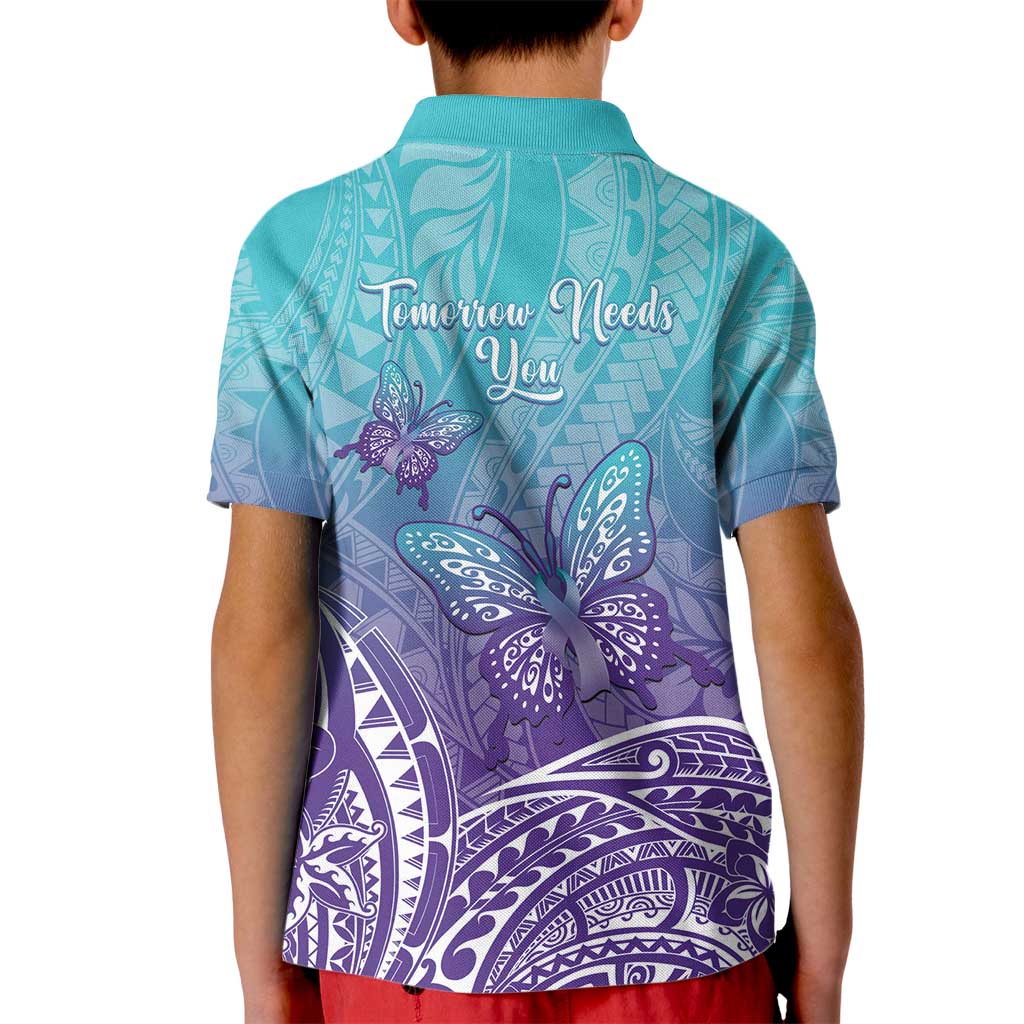 Polynesia Suicide Prevention Month Kid Polo Shirt Butterfly Purple And Teal Ribbon Tomorrow Needs You