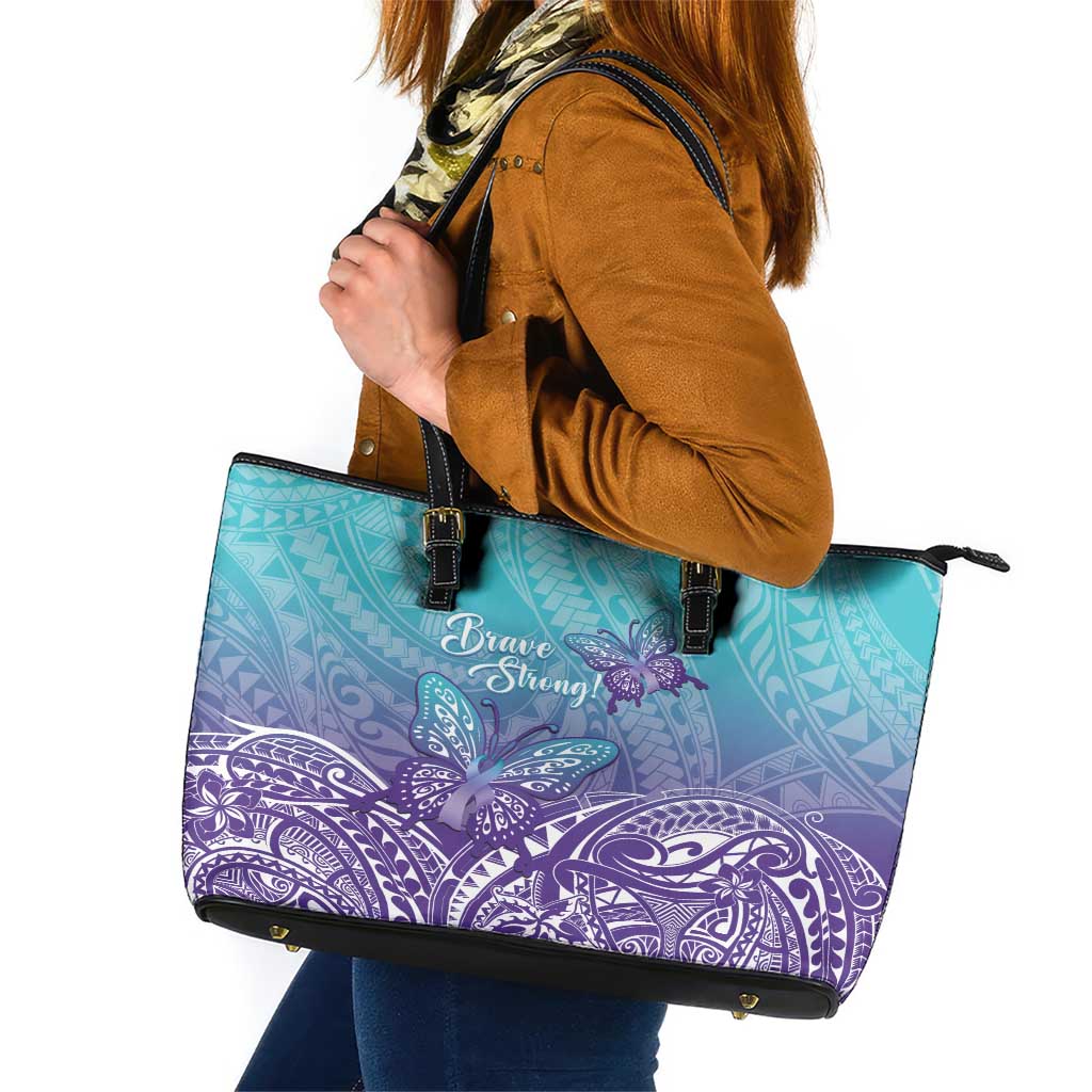 Polynesia Suicide Prevention Month Leather Tote Bag Butterfly Purple And Teal Ribbon Tomorrow Needs You LT14 Teal - Polynesian Pride