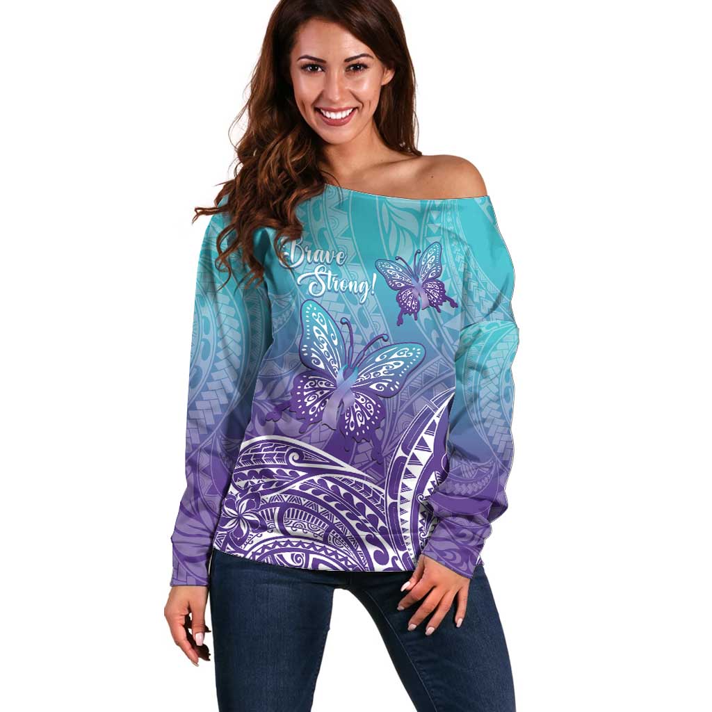 Polynesia Suicide Prevention Month Off Shoulder Sweater Butterfly Purple And Teal Ribbon Tomorrow Needs You LT14 Women Teal - Polynesian Pride