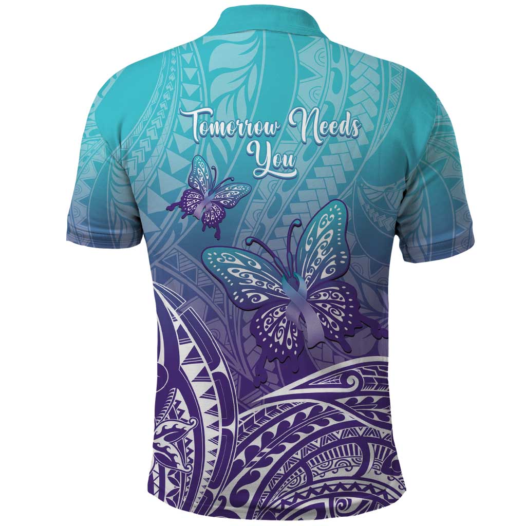 Polynesia Suicide Prevention Month Polo Shirt Butterfly Purple And Teal Ribbon Tomorrow Needs You