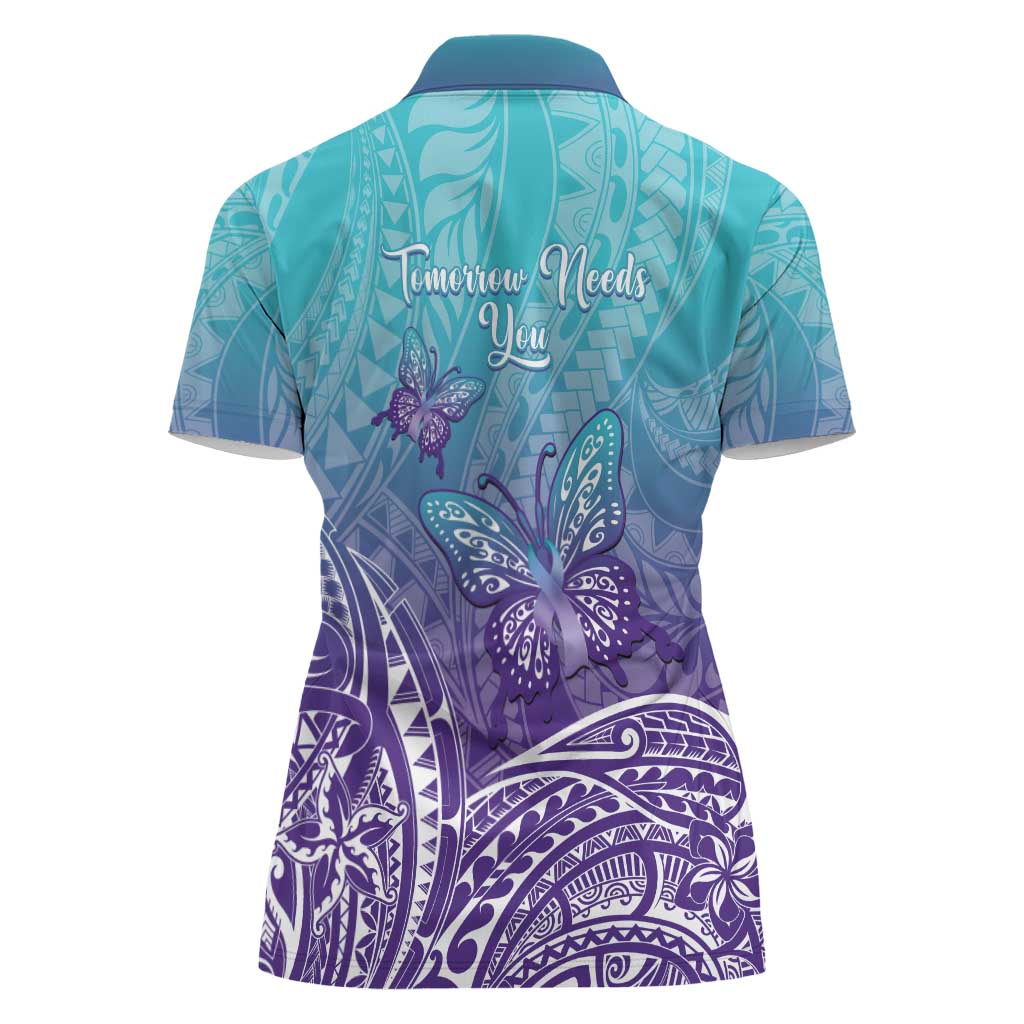 Polynesia Suicide Prevention Month Women Polo Shirt Butterfly Purple And Teal Ribbon Tomorrow Needs You