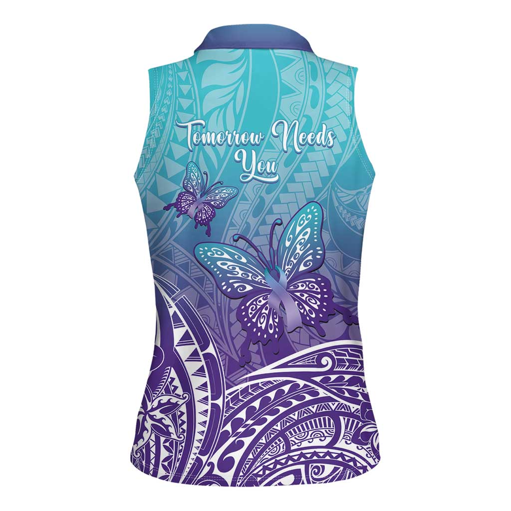 Polynesia Suicide Prevention Month Women Sleeveless Polo Shirt Butterfly Purple And Teal Ribbon Tomorrow Needs You