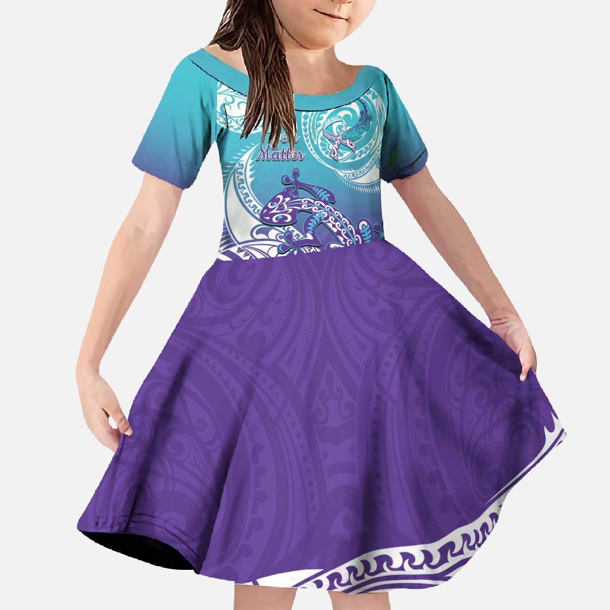 Personalised New Zealand Suicide Prevention Month Family Matching Off The Shoulder Long Sleeve Dress and Hawaiian Shirt You Matter NZ Fern With Maori Koru Lizard LT14 Daughter's Dress Teal - Polynesian Pride