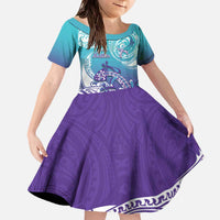 Personalised New Zealand Suicide Prevention Month Family Matching Off The Shoulder Long Sleeve Dress and Hawaiian Shirt You Matter NZ Fern With Maori Koru Lizard LT14 Daughter's Dress Teal - Polynesian Pride