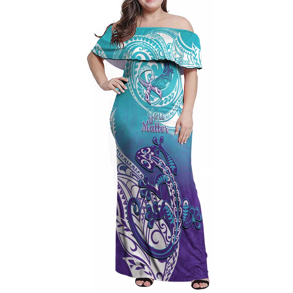 Personalised New Zealand Suicide Prevention Month Family Matching Off Shoulder Maxi Dress and Hawaiian Shirt You Matter NZ Fern With Maori Koru Lizard