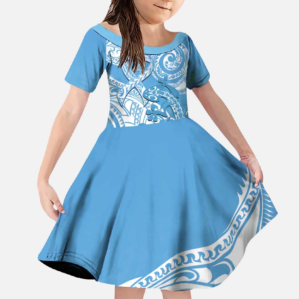Personalised New Zealand Autism Awareness Family Matching Mermaid Dress and Hawaiian Shirt NZ Fern With Maori Koru Lizard LT14 Daughter's Dress Blue - Polynesian Pride