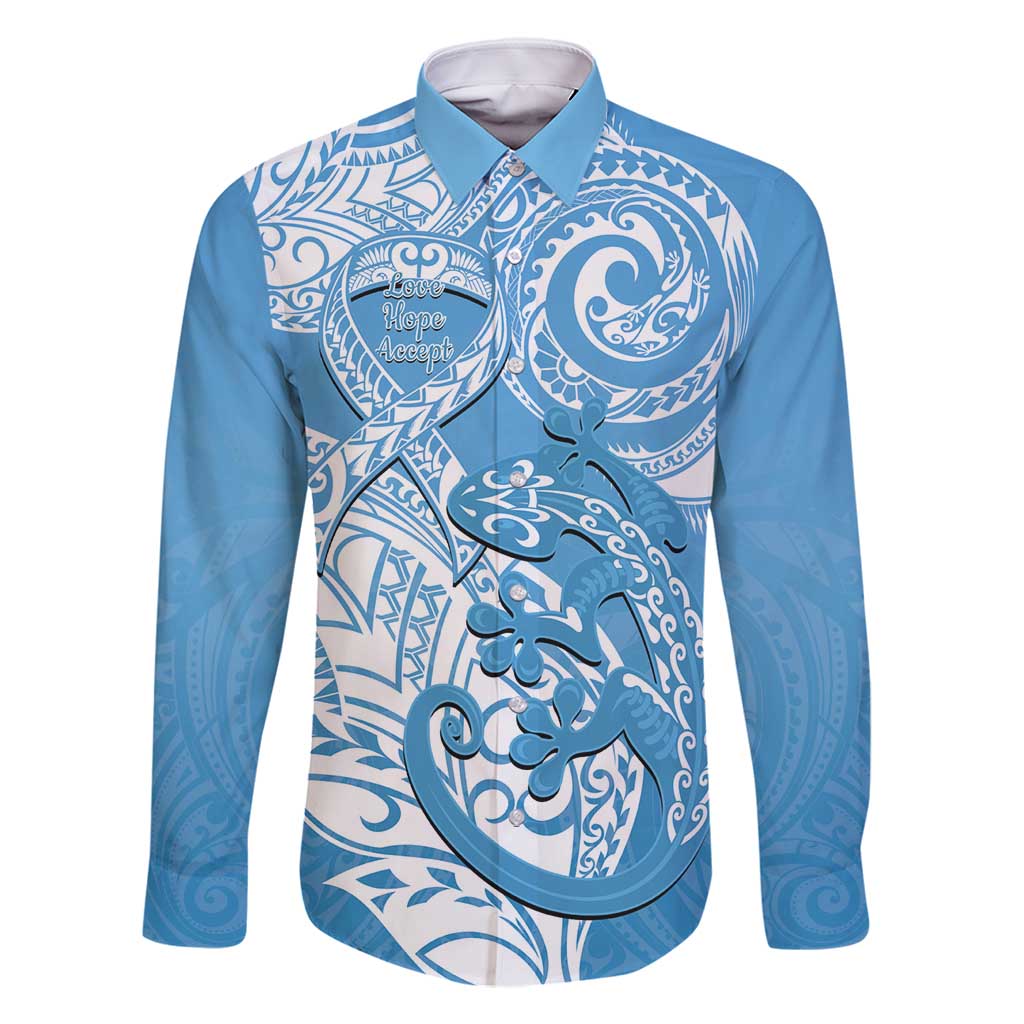 Personalised New Zealand Autism Awareness Family Matching Mermaid Dress and Hawaiian Shirt NZ Fern With Maori Koru Lizard LT14 Dad's Shirt - Long Sleeve Blue - Polynesian Pride