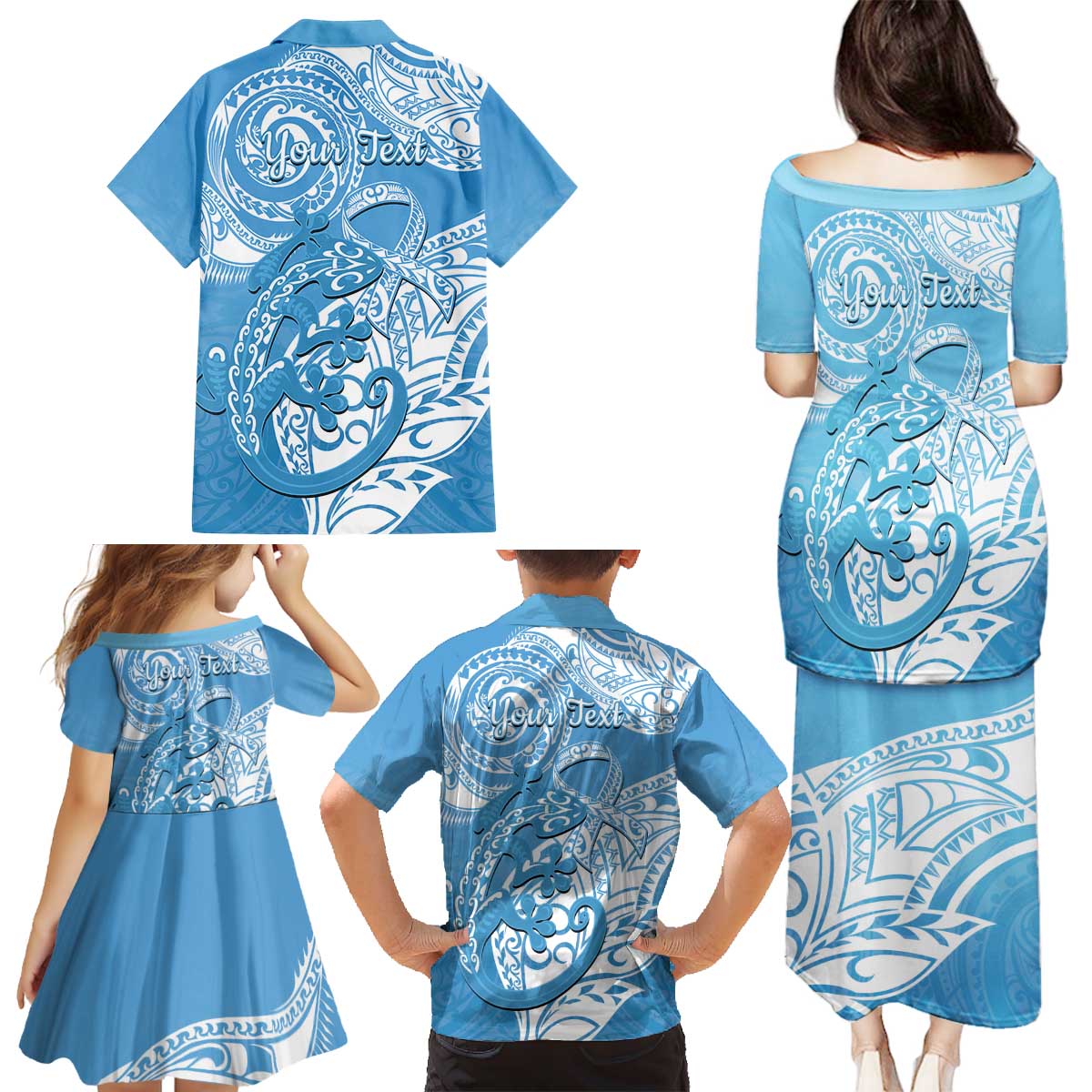 Personalised New Zealand Autism Awareness Family Matching Puletasi and Hawaiian Shirt NZ Fern With Maori Koru Lizard