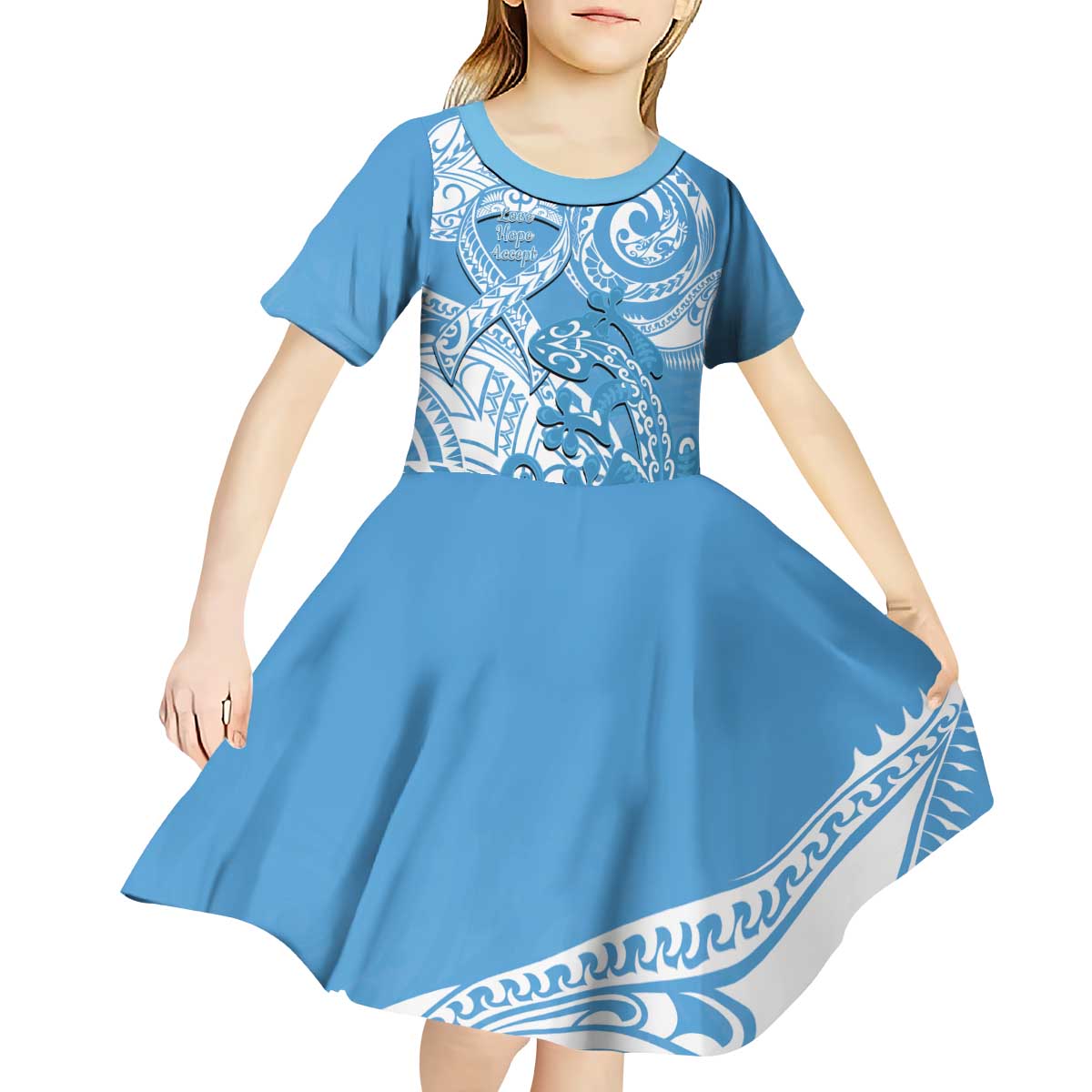 Personalised New Zealand Autism Awareness Kid Short Sleeve Dress NZ Fern With Maori Koru Lizard