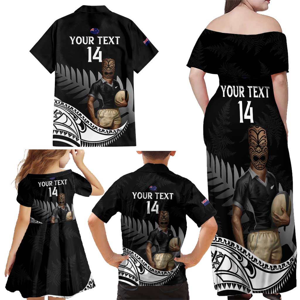Custom New Zealand Silver Fern Rugby Family Matching Off Shoulder Maxi Dress and Hawaiian Shirt 2024 Aotearoa Maori Mascot Go All Black